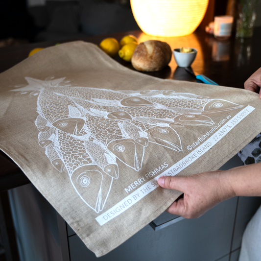 Pure Linen Tea Towel, Merry Fishmas - White on Natural Flax