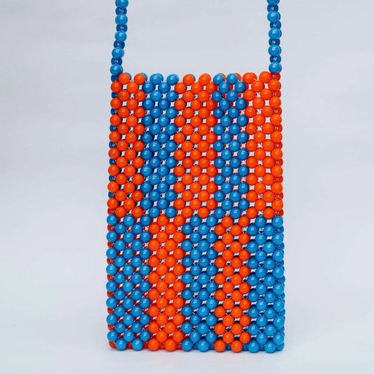 Beaded pouch with blue and orange pattern on a white background