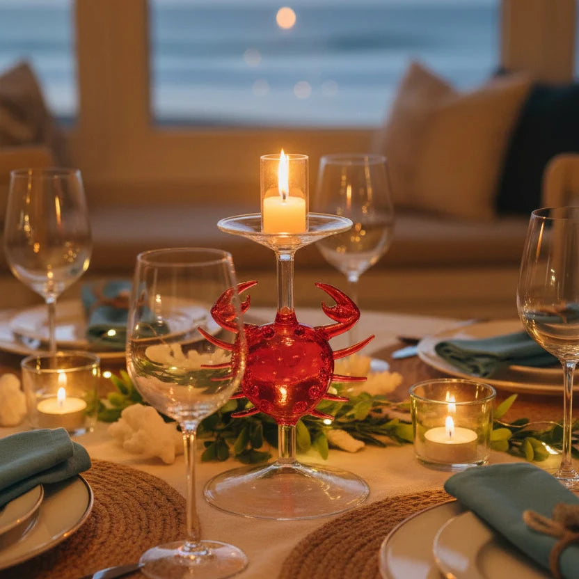 Glass crab candle holder on a Christmas dinner table