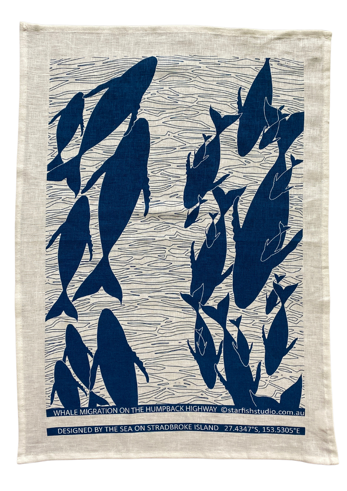 Pure Linen Tea Towel, Humpbacks, blue