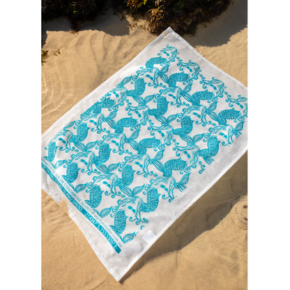 Pure Linen Tea Towel, Mermaids, Teal