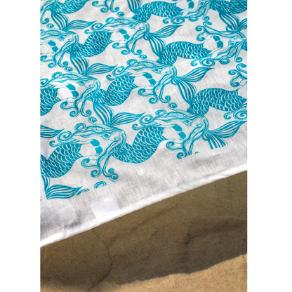 Pure Linen Tea Towel, Mermaids, Teal