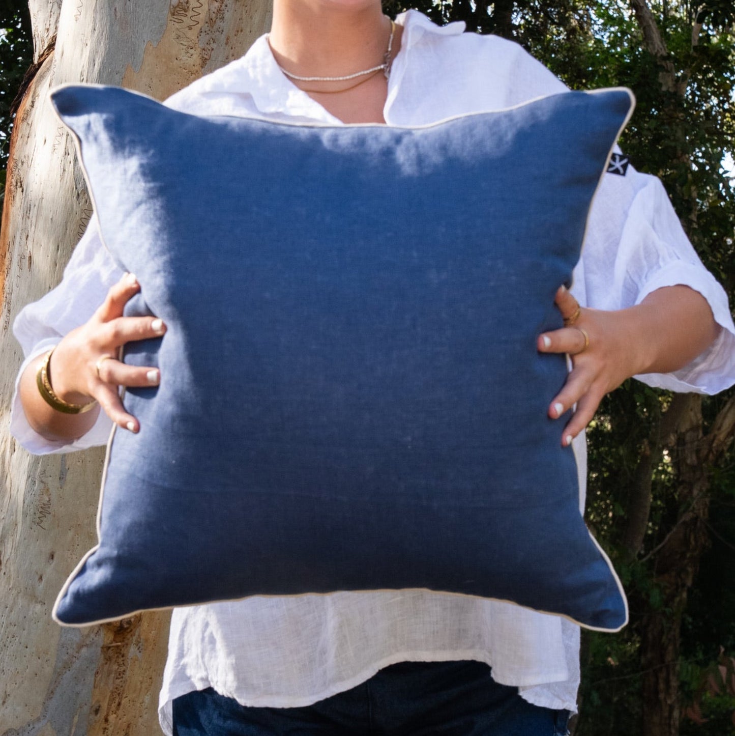 Linen Cushion Cover - Pacific - Straddie Stripe