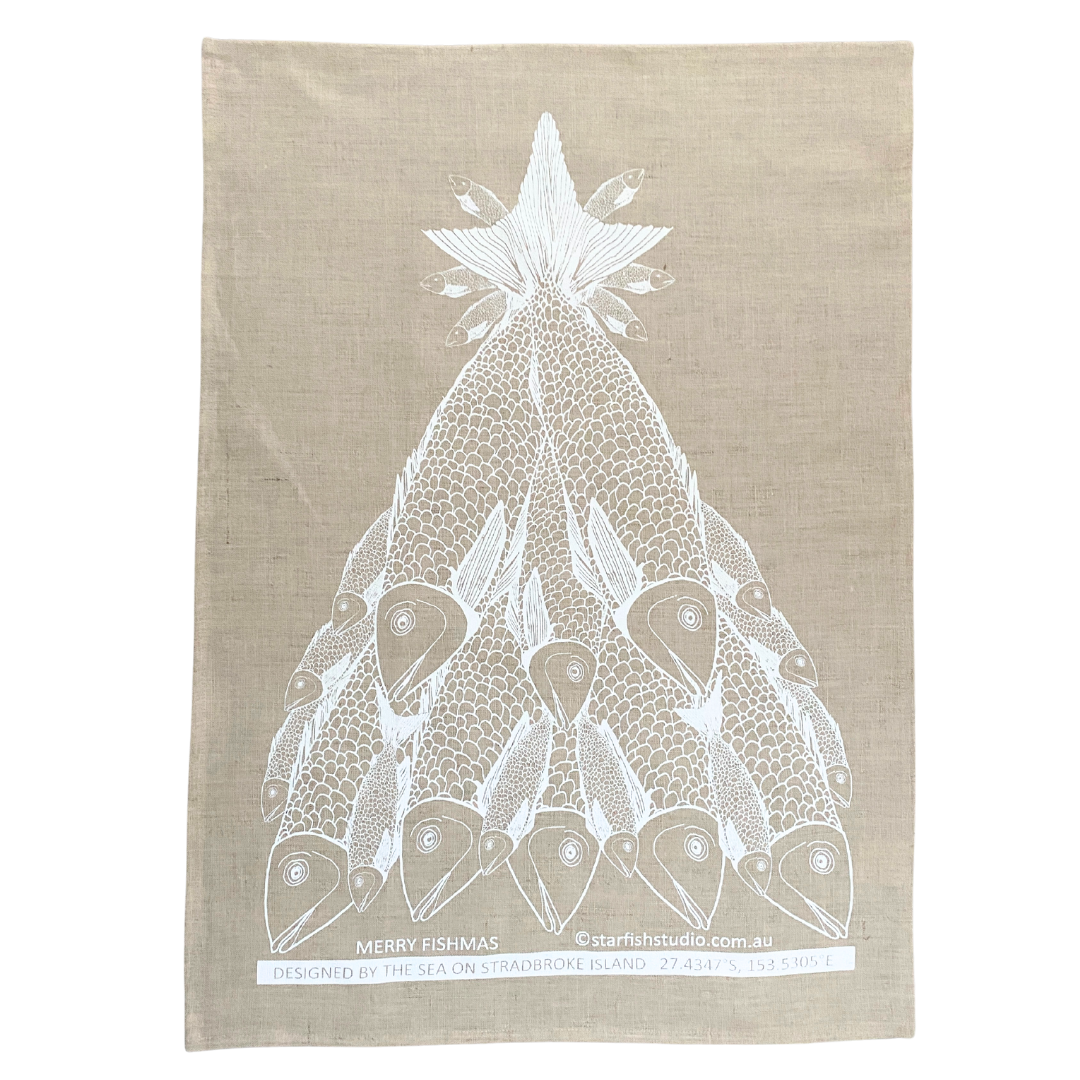 Pure Linen Tea Towel, Merry Fishmas -  White on Natural Flax