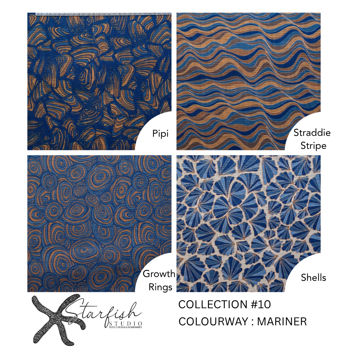 Mariner colourway linen cushion fabric swatches showing Pipi, Straddie Stripe, Growth Rings and Shells patterns