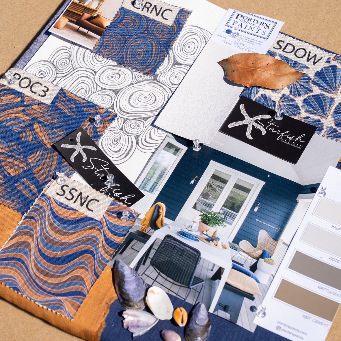 Mariner colourway design mood board with Shells fabric and coordinating blue and ochre coastal patterns