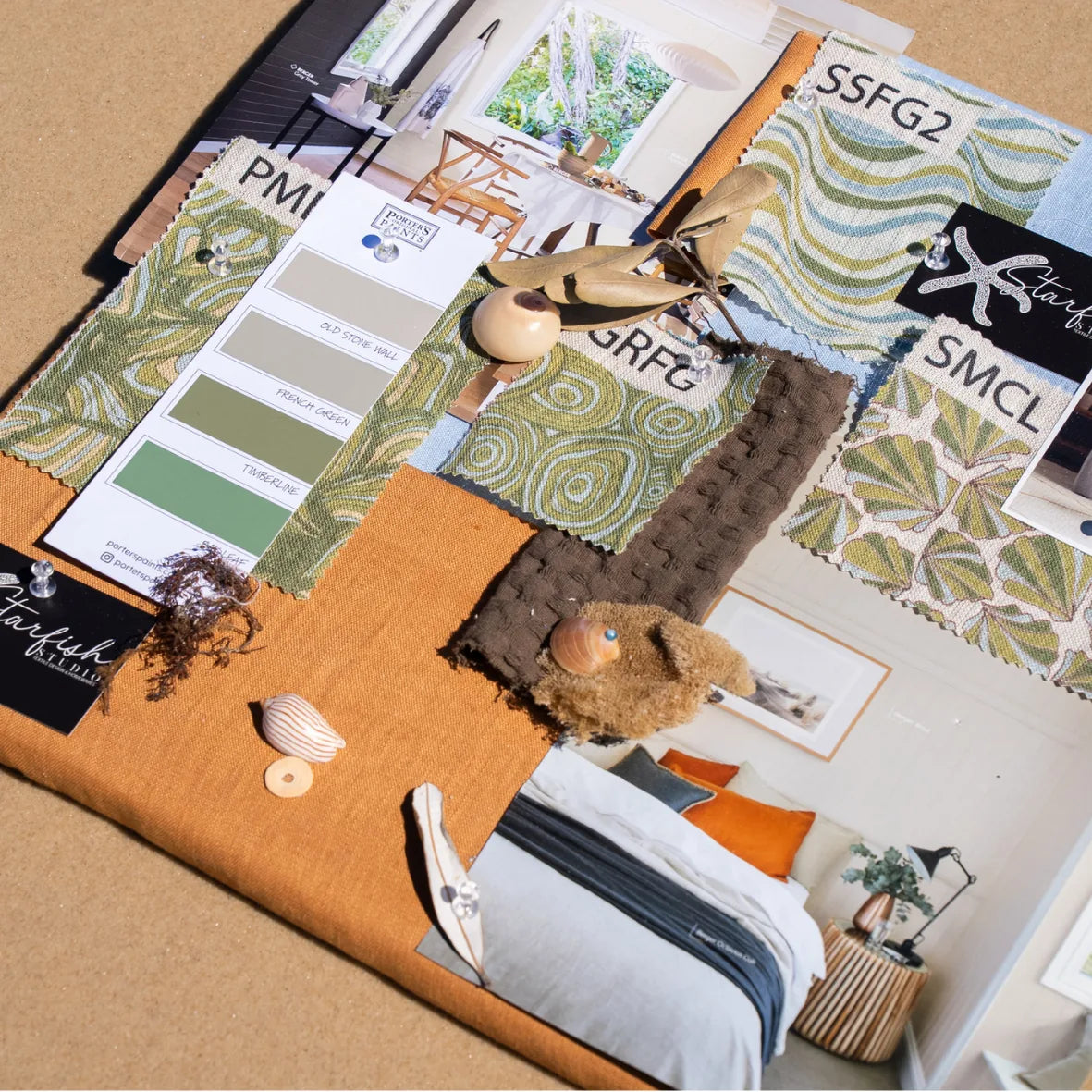 Starfish Studio coastal design moodboard featuring green fabric swatches, paint colours and interior styling references.