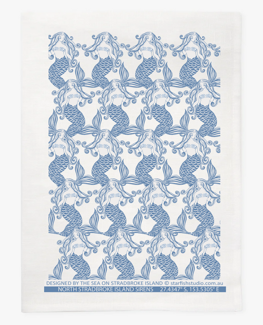Pure Linen Tea Towel, Mermaids, Blue