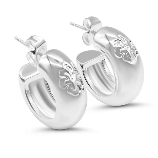 Hibiscus Hoop Earrings, Silver - BRIWOK