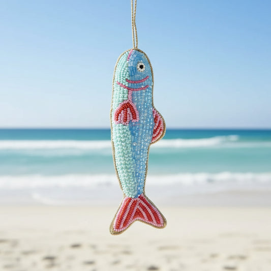 Blue and pink beaded fish Christmas ornament