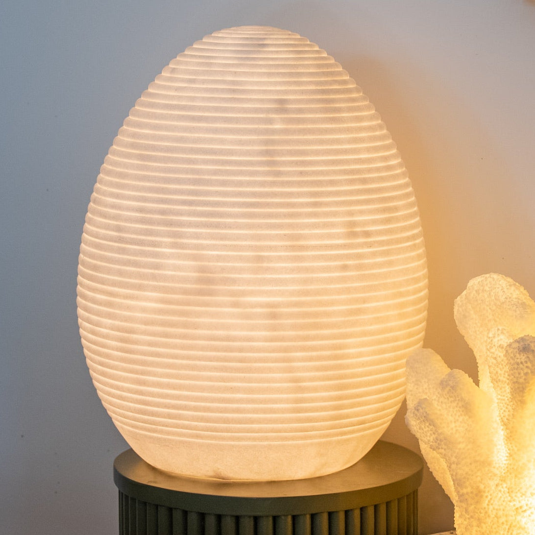 Organic curved coral lamp illuminated indoors