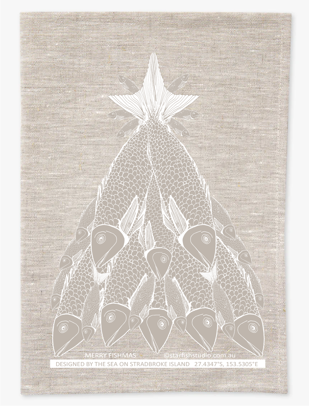 Pure Linen Tea Towel, Merry Fishmas -  White on Natural Flax