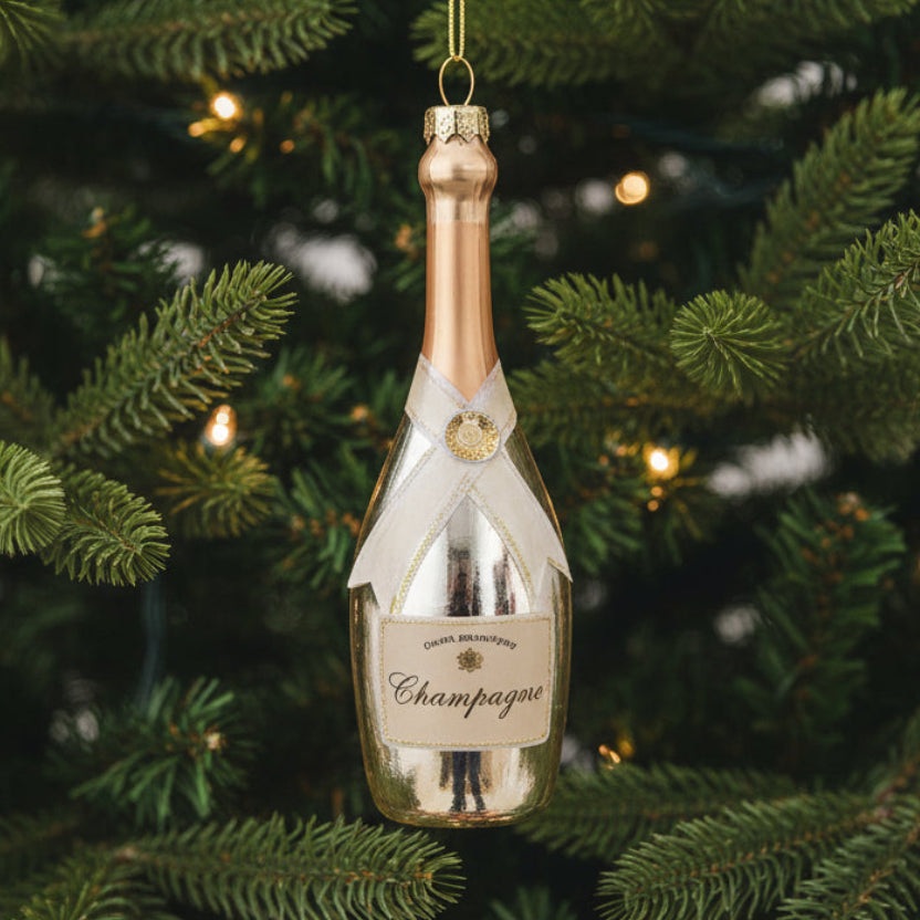 Glass champagne Christmas ornament hanging on a Christmas tree
