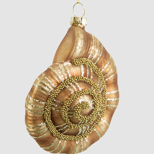 Close-up of the glass nautilus shell Christmas ornament