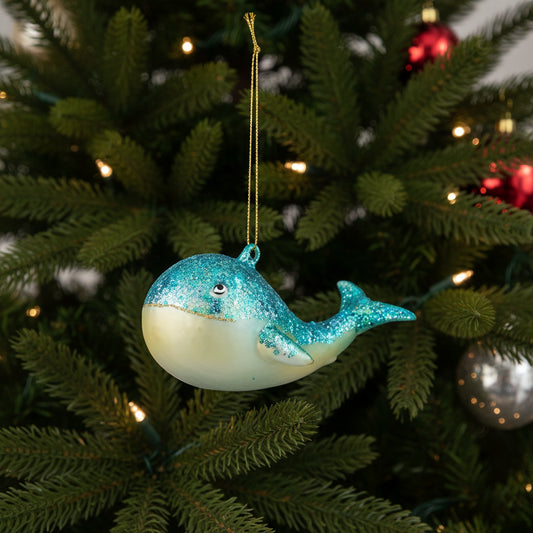 Glass whale Christmas ornament hanging on a Christmas tree.