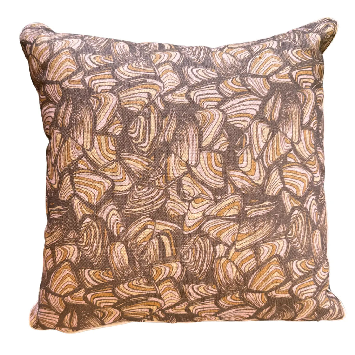 Square Claytons Pipi linen cushion cover on white background in blush, brown and ochre tones