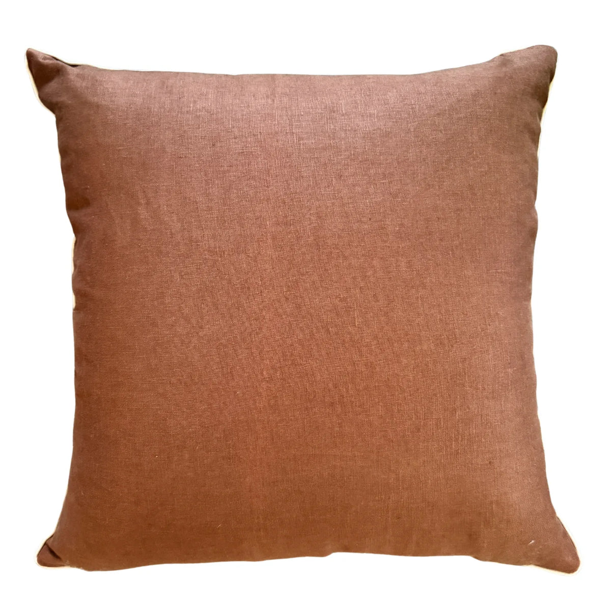 Warm brown linen reverse of square Claytons Pipi cushion cover on white background