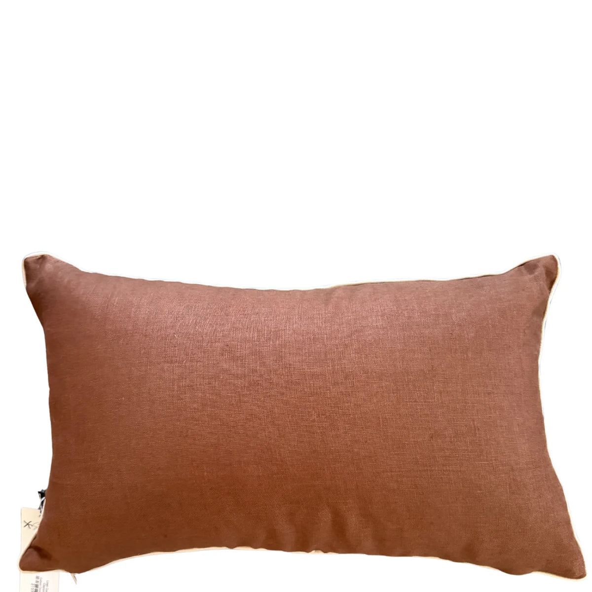 Warm brown linen reverse of rectangular Claytons cushion cover on white background