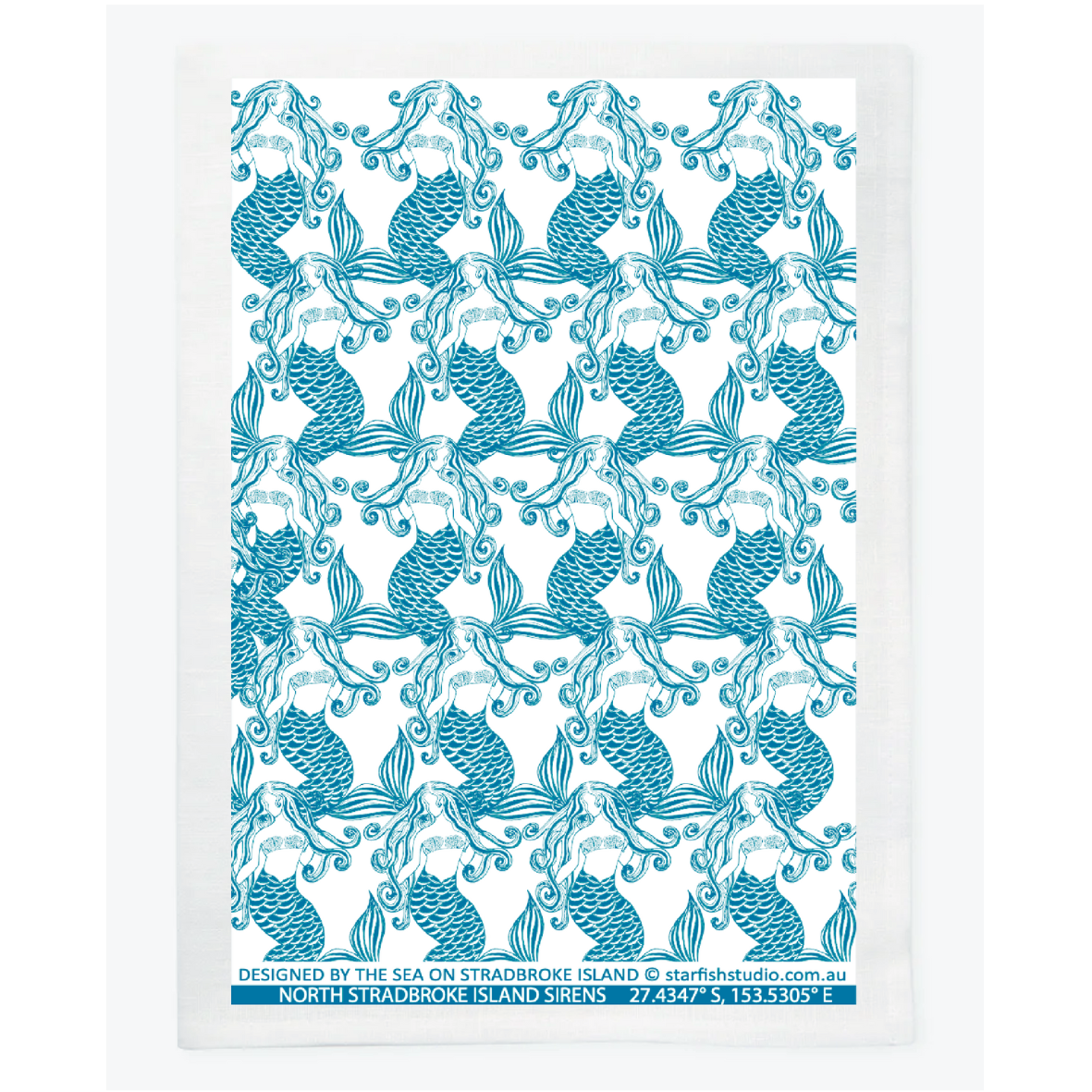 Pure Linen Tea Towel, Mermaids, Teal