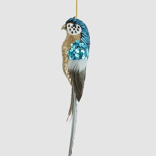 Sequinned blue budgie Christmas decoration