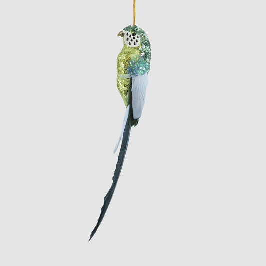 Sequinned green budgie Christmas decoration