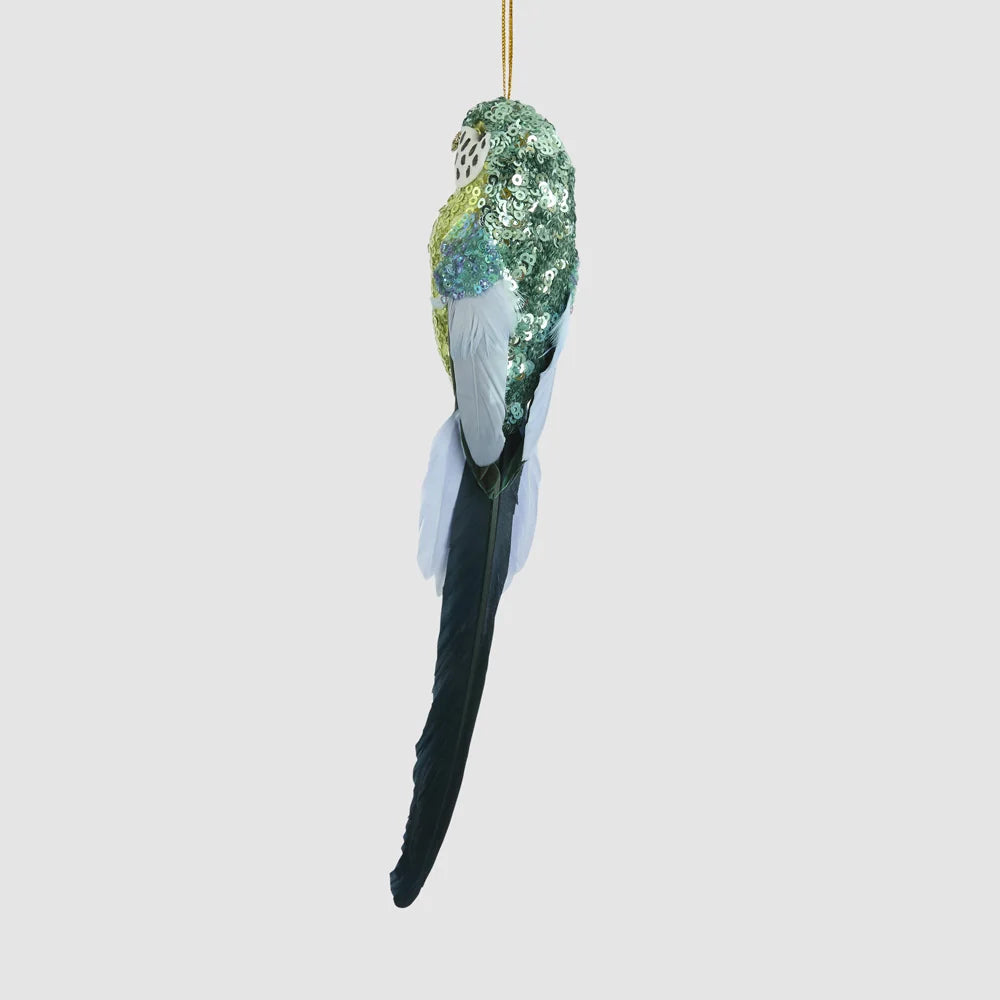 Sequinned green budgie Christmas decoration from another angle