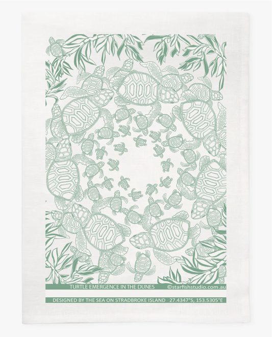 Pure Linen Tea Towel, Turtle Hatchlings, green